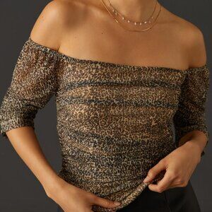 By Anthropologie Shirred Mesh Neutral Motif Top